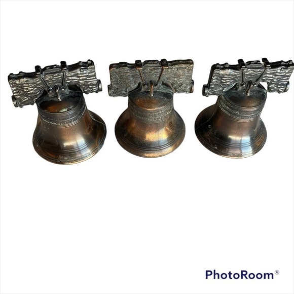 Brass Liberty Bell Set of 3 Bronze Patina Pass and Stone Vtg 1970’s Miniature - Picture 1 of 13